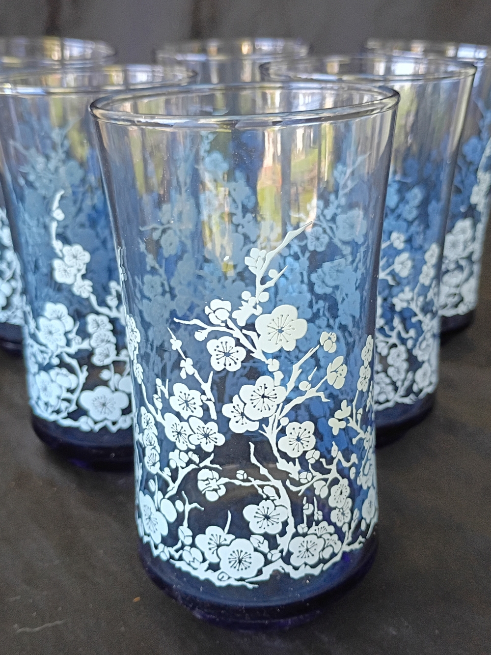 Vintage Libbey Oriental Blue Dogwood Floral Tumbler Glasses Set of 6 MCM 1970s